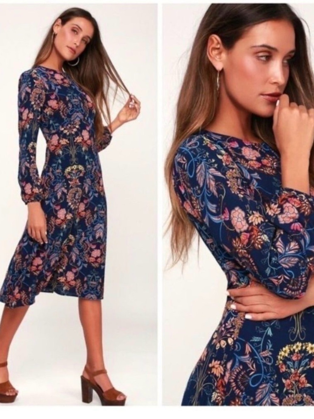 Navy Floral Long-Sleeve Midi Dress